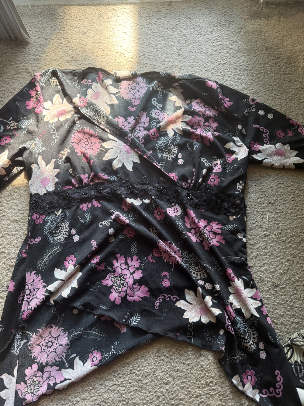 Fashion Bug Black Floral Wrap Top with Pink and Cream Flowers